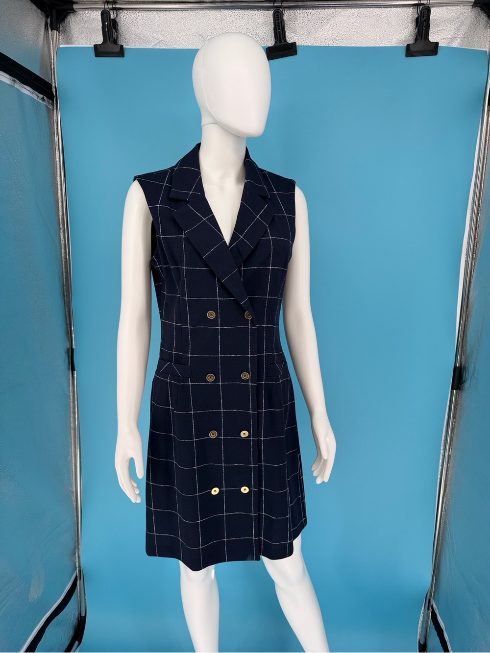 Sharagano Navy Windowpane Longline Blazer Vest – Size 4 – NWT